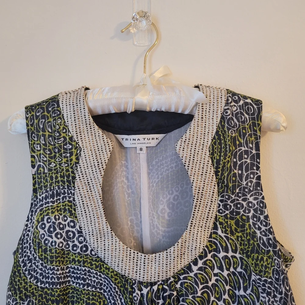 TRINA TURK metallic detail  green blue high quality cotton fully lined dress lux - Picture 9 of 16